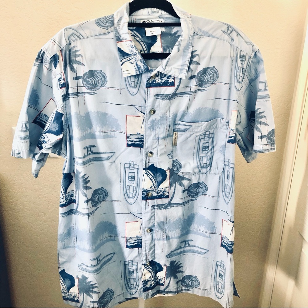 Columbia Light Blue Nautical Print Short Sleeve Button-Down Marlin Shirt